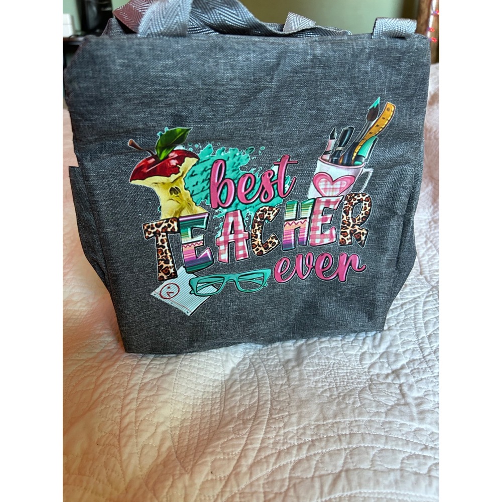 Brivilas Best Teacher Ever Insulated‎ Lunch Bag Gray Heathered Graphic Tote